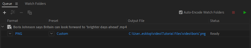 The queue in Adobe Media Encoder. 